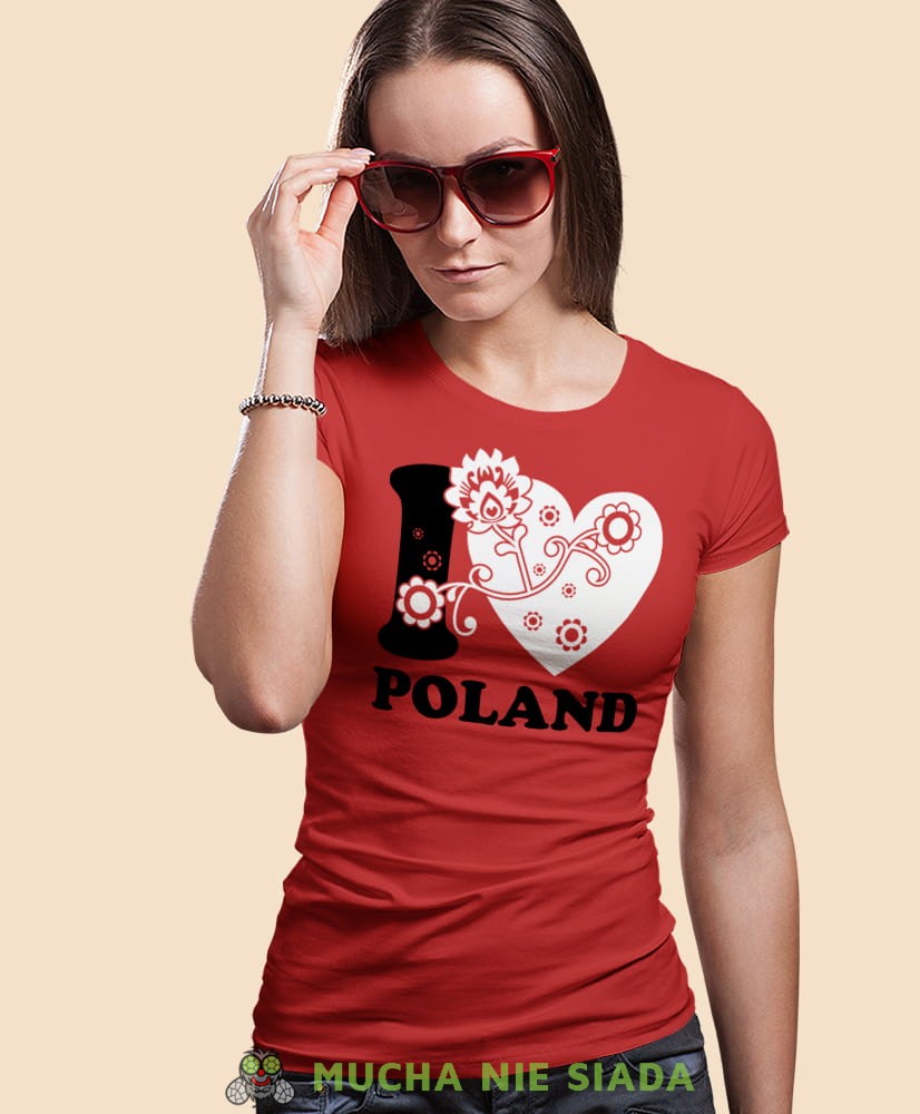 I love Poland folklor, czerwona damska koszulka z nadrukiem, koszulka patriotyczna, koszulki z grafiką patriotyczną, orzeł polski, dla kobiet, koszulka Polska, koszulki Polska.jpg