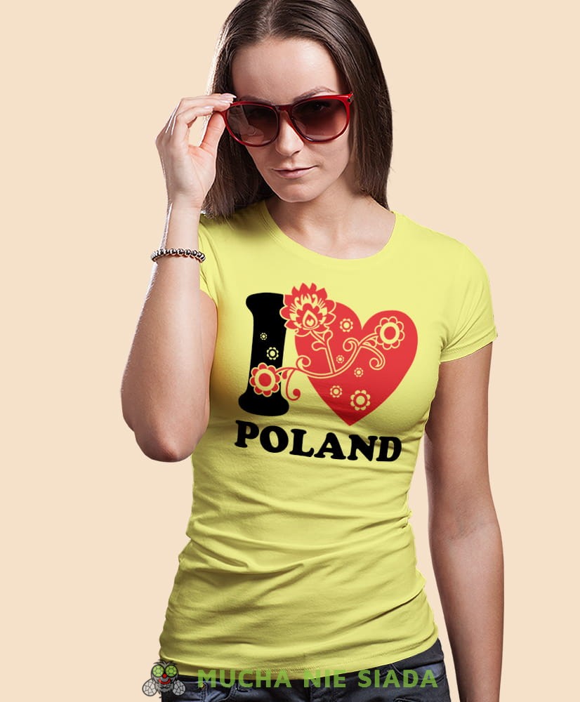 I love Poland folklor, żółta damska koszulka z nadrukiem, koszulka patriotyczna, koszulki z grafiką patriotyczną, orzeł polski, dla kobiet, koszulka Polska, koszulki Polska.jpg