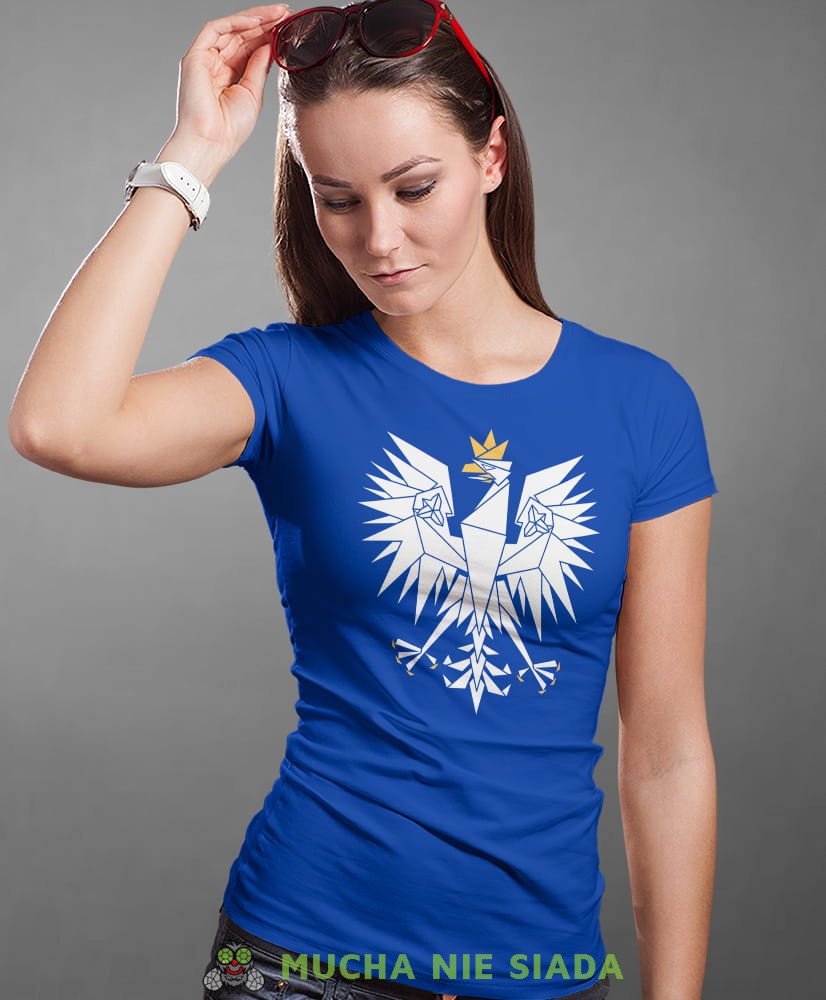 Polska - orzeł, niebieska damska koszulka z nadrukiem, koszulka patriotyczna, koszulki z grafiką patriotyczną, orzeł polski, dla kobiet, koszulka Polska, koszulki Polska.jpg