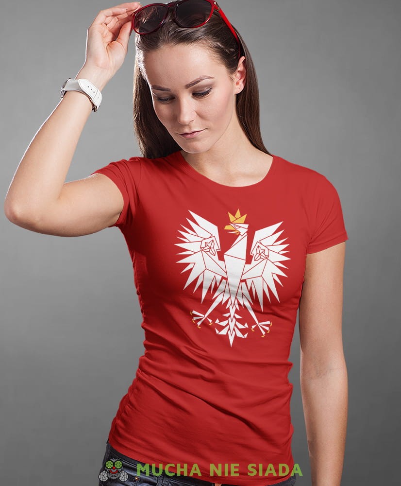 Polska - orzeł, czerwona damska koszulka z nadrukiem, koszulka patriotyczna, koszulki z grafiką patriotyczną, orzeł polski, dla kobiet, koszulka Polska, koszulki Polska.jpg