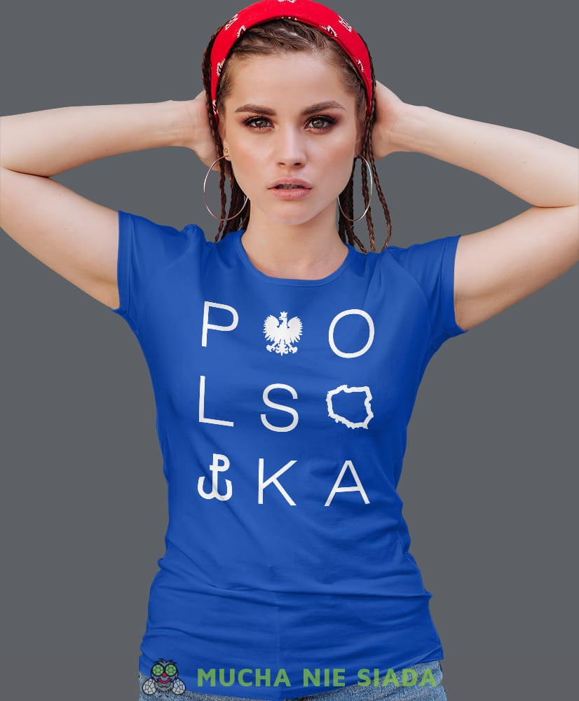 Polska - Orzeł - Polska Walcząca, niebieska damska koszulka z nadrukiem, koszulka patriotyczna, koszulki z grafiką patriotyczną, orzeł polski, dla kobiet, koszulka Polska, koszulki Polska.jpg