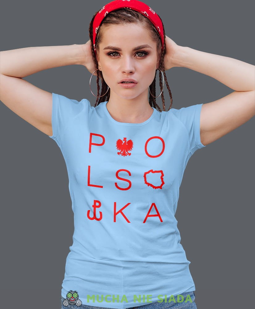 Polska - Orzeł - Polska Walcząca, jasnoniebieska damska koszulka z nadrukiem, koszulka patriotyczna, koszulki z grafiką patriotyczną, orzeł polski, dla kobiet, koszulka Polska, koszulki Polska.jpg