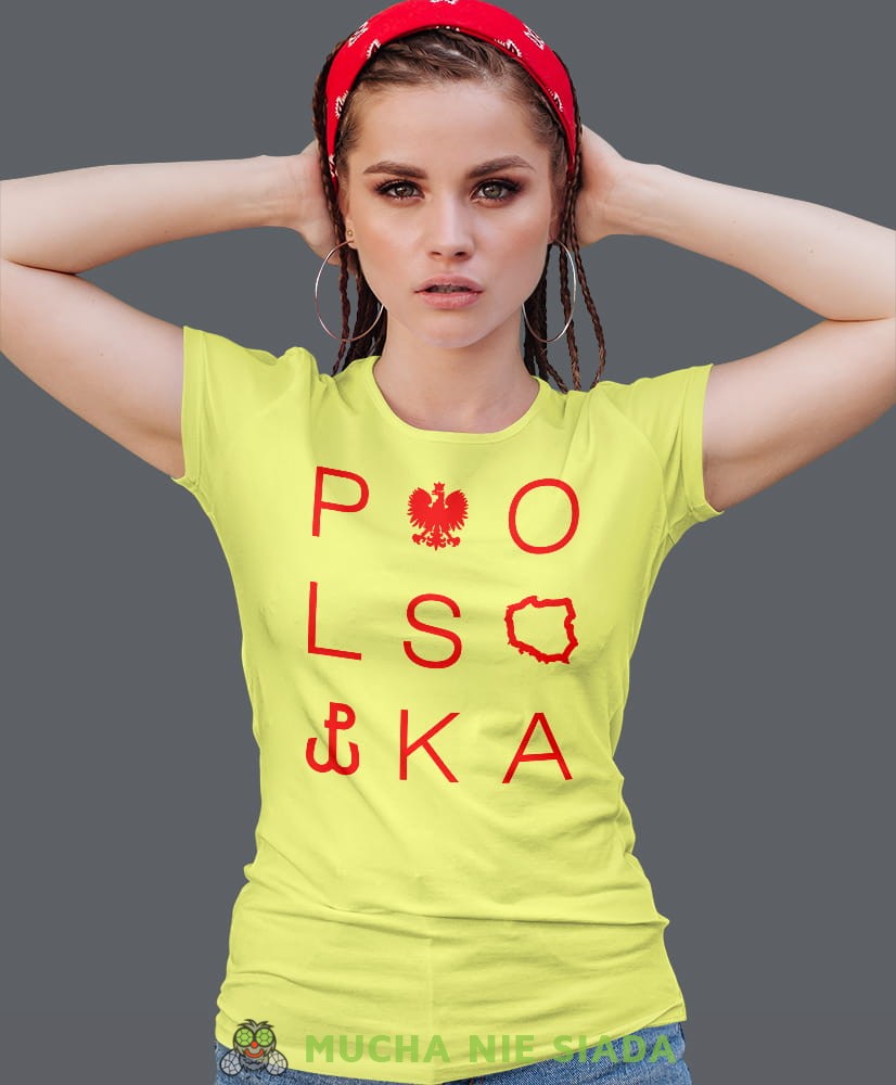 Polska - Orzeł - Polska Walcząca, żółta damska koszulka z nadrukiem, koszulka patriotyczna, koszulki z grafiką patriotyczną, orzeł polski, dla kobiet, koszulka Polska, koszulki Polska.jpg