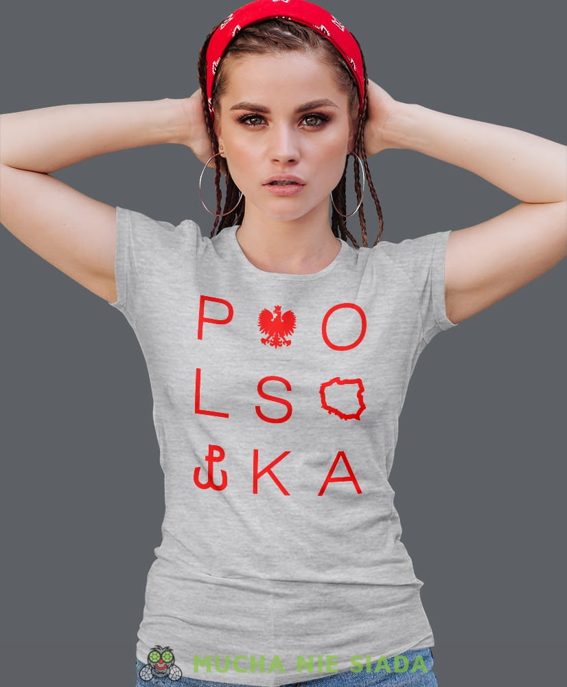 Polska - Orzeł - Polska Walcząca, szara damska koszulka z nadrukiem, koszulka patriotyczna, koszulki z grafiką patriotyczną, orzeł polski, dla kobiet, koszulka Polska, koszulki Polska.jpg