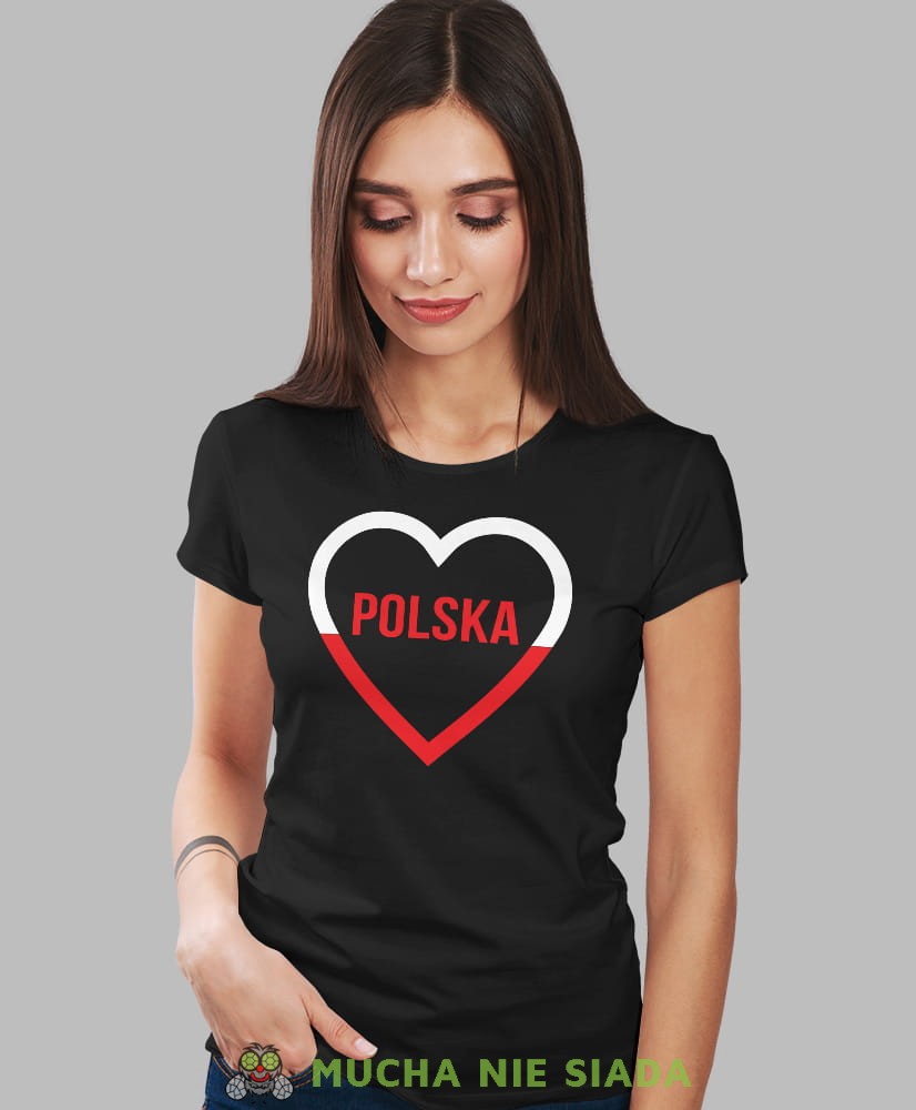 Polska biało czerwone serce, czarna damska koszulka z nadrukiem, koszulka patriotyczna, koszulki z grafiką patriotyczną, orzeł polski, dla kobiet, koszulka Polska, koszulki Polska.jpg