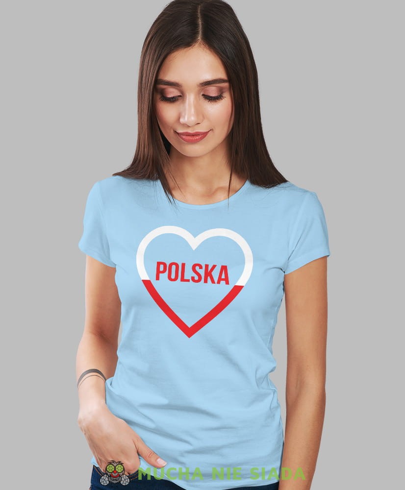 Polska biało czerwone serce, jasnoniebieska damska koszulka z nadrukiem, koszulka patriotyczna, koszulki z grafiką patriotyczną, orzeł polski, dla kobiet, koszulka Polska, koszulki Polska.jpg