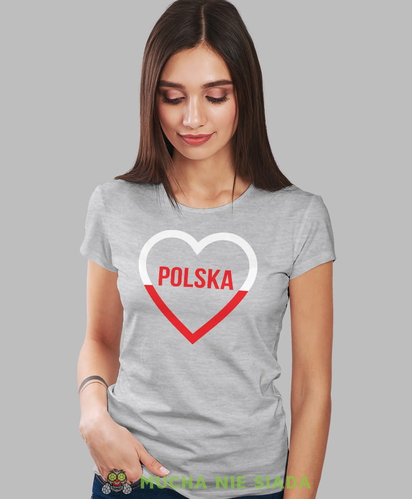 Polska biało czerwone serce, szara damska koszulka z nadrukiem, koszulka patriotyczna, koszulki z grafiką patriotyczną, orzeł polski, dla kobiet, koszulka Polska, koszulki Polska.jpg