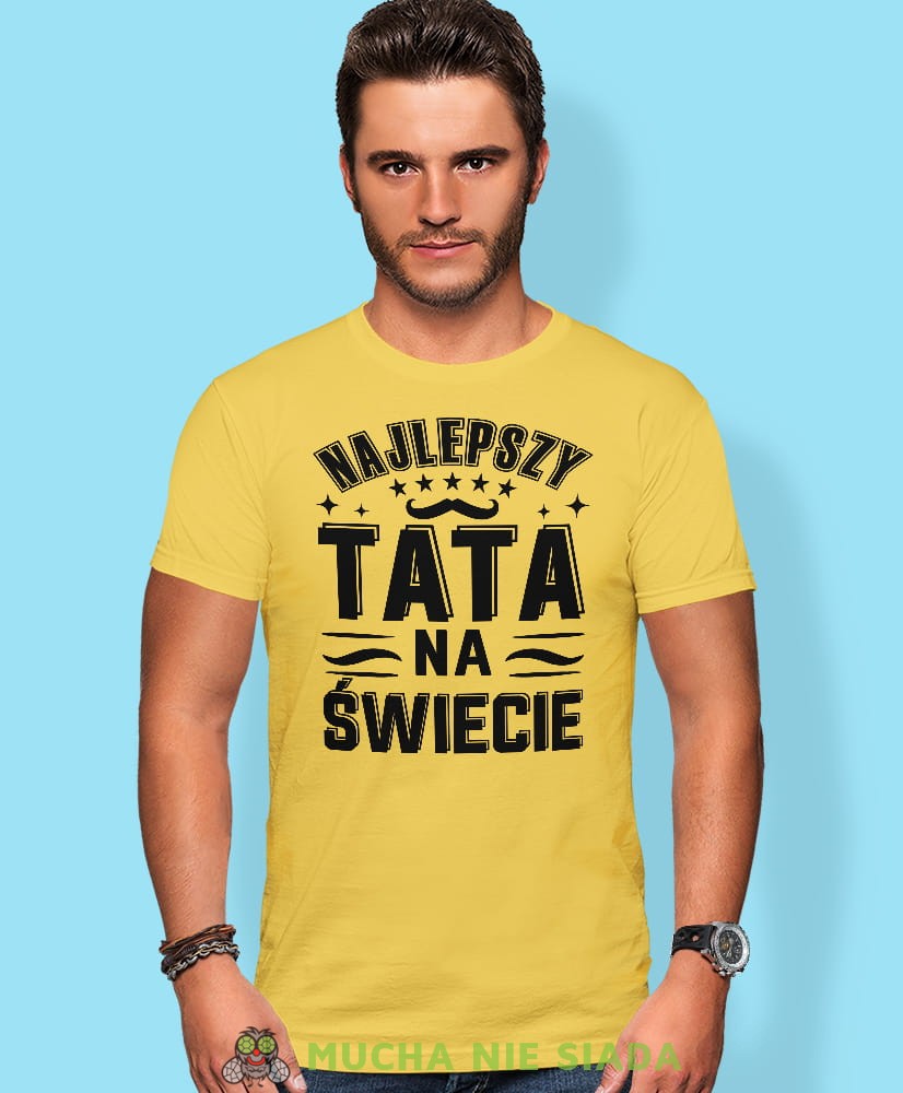 Najlepszy tata na świecie, wąsy, żółta koszulka, dzień taty, koszulka dla ojca, koszulka na dzień ojca, t-shirt dla taty, prezent dla taty, koszulka męska, mucha nie siada, mns.jpg