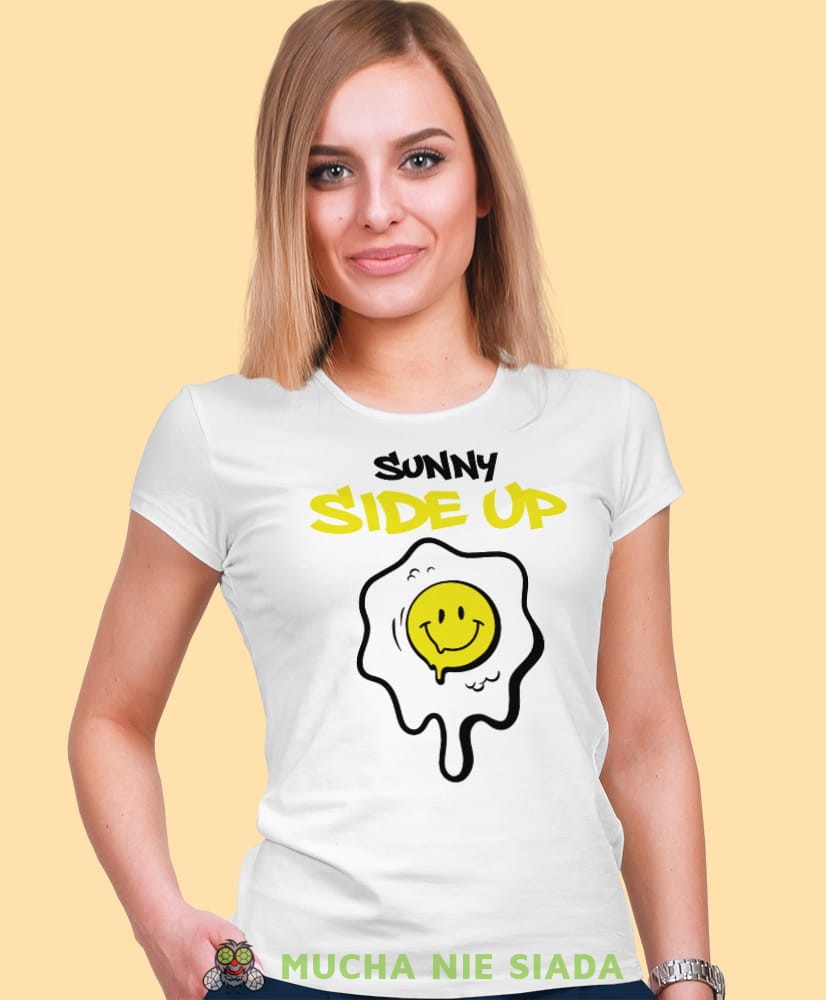 sunny side up, biała damska koszulka z nadrukiem na prezent dla dziewczyny dla żony.jpg
