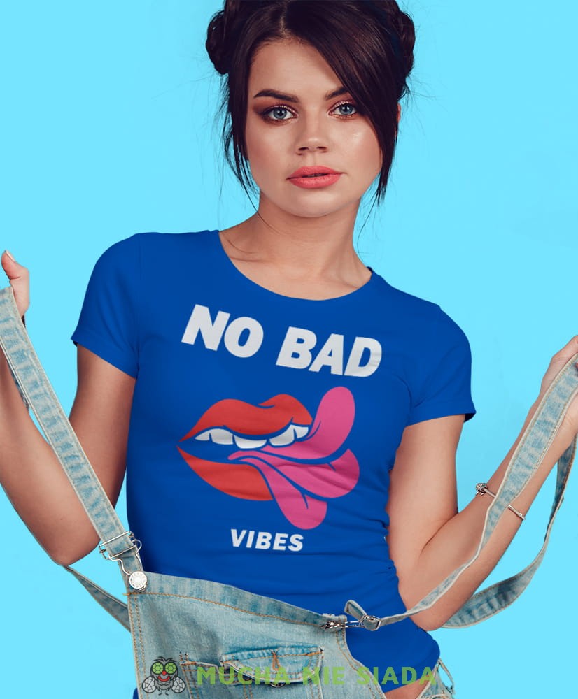 no bad vibes, niebieska damska koszulka z nadrukiem na prezent dla dziewczyny dla żony.jpg