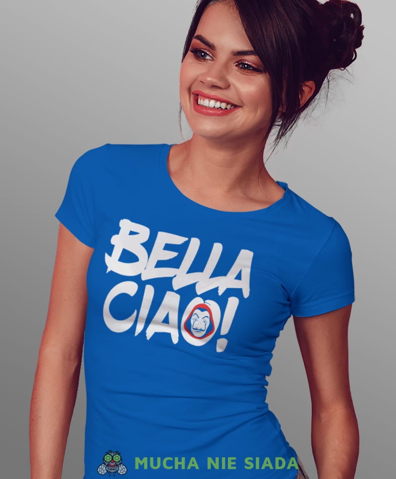 bella ciao! maska dom z papieru, niebieska damska koszulka z nadrukiem na prezent dla dziewczyny dla żony.jpg