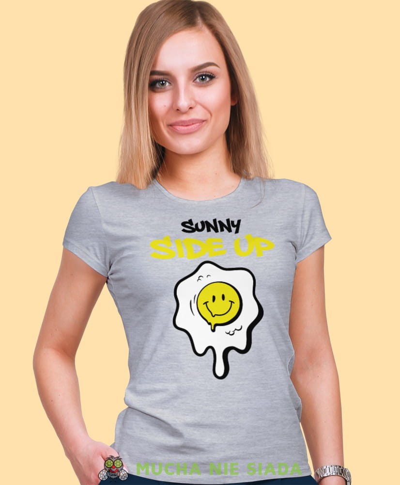 sunny side up, szara damska koszulka z nadrukiem na prezent dla dziewczyny dla żony.jpg