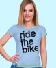 ride the bike, jasno niebieska damska koszulka rowerowa z nadrukiem, na rower, fajna koszulka dla rowerzystki, na co dzień, na prezent.jpg