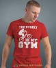 the street is my gym, czerwona męska koszulka rowerowa z nadrukiem, na rower, na co dzień, na prezent, fajna koszulka dla chłopaka, rower, rowerzysta.jpg