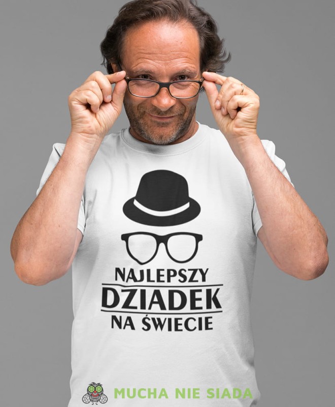 Najlepszy dziadek na świecie kapelusz okulary, biała koszulka męska dla dziadka, na urodziny, na dzień dziadka, na prezent, mucha nie siada, mns sklep.jpg