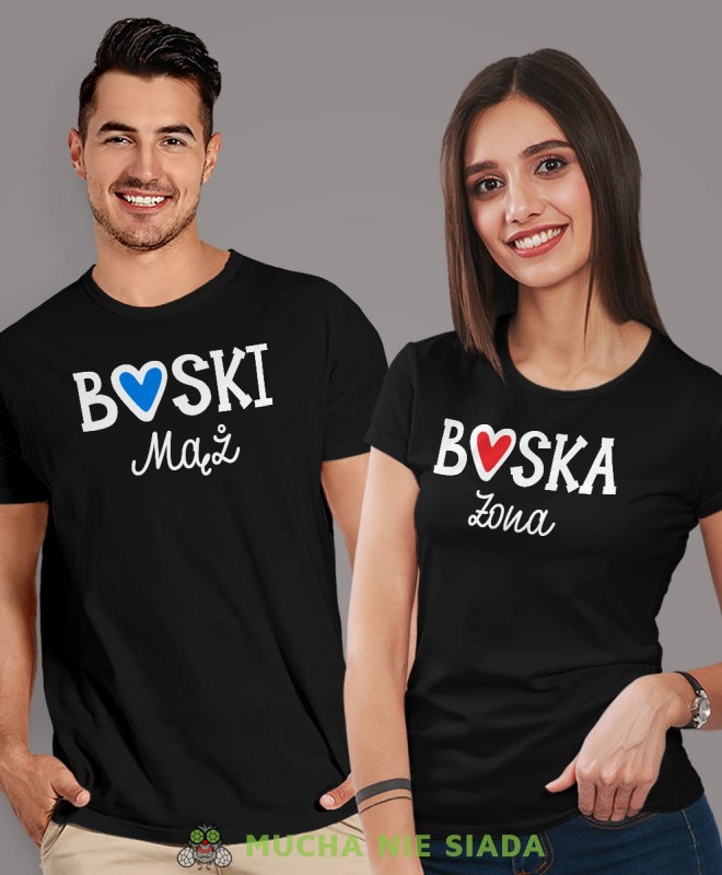 Boska Żona Boski Mąż, czarne koszulki dla par, dla męża, dla żony, walentynki, fajne koszulki, t-shirty dla par, mucha nie siada sklep, mns sklep.jpg