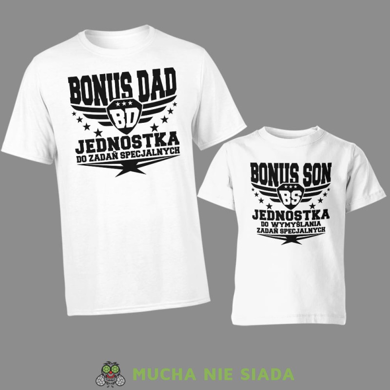 Bonus dad Bonus son, białe koszulki dla taty i syna, ojczym i pasierb.jpg