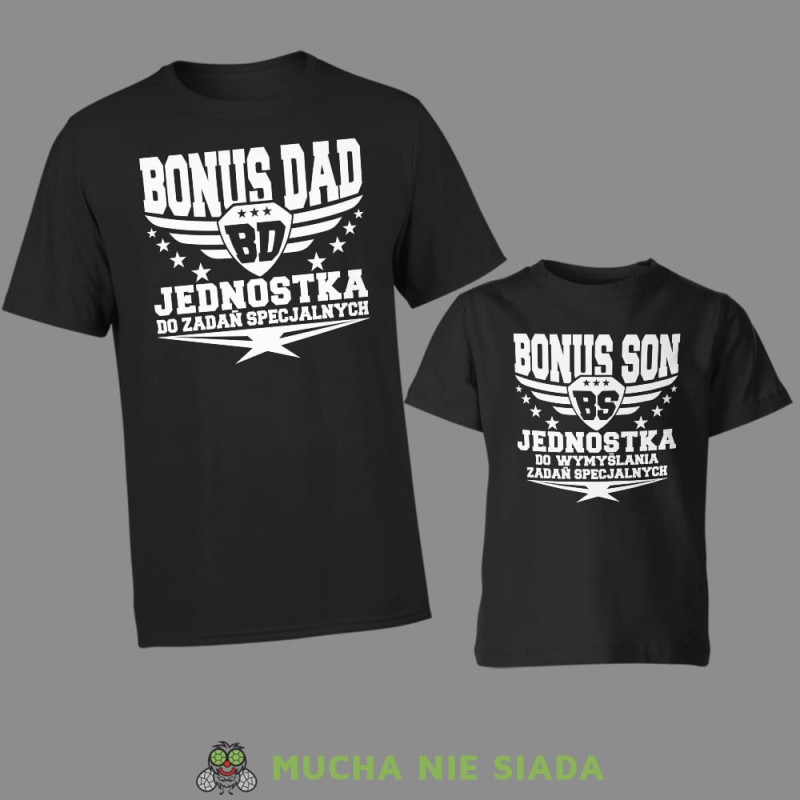 Bonus dad Bonus son, czarne koszulki dla taty i syna, ojczym i pasierb.jpg