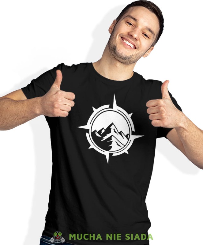 Męska koszulka z nadrukiem - Kompas, góry - Idealna za wypad w góry, czarna koszulka z nadrukiem, wycieczka w góry, górska wyprawa, T-shirt do miłośników turystyki górskiej, mucha nie siada koszulki.jpg
