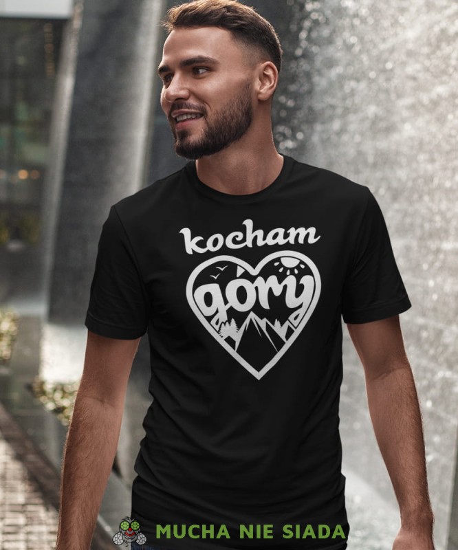 Męska koszulka z nadrukiem - Kocham góry, serce - Idealna za wypad w góry, czarna koszulka z nadrukiem, wycieczka w góry, górska wyprawa, T-shirt do miłośników turystyki górskiej, mucha nie siada koszulki.jpg