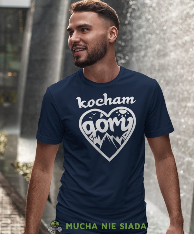 Męska koszulka z nadrukiem - Kocham góry, serce - Idealna za wypad w góry, granatowa koszulka z nadrukiem, wycieczka w góry, górska wyprawa, T-shirt do miłośników turystyki górskiej, mucha nie siada koszulki.jpg