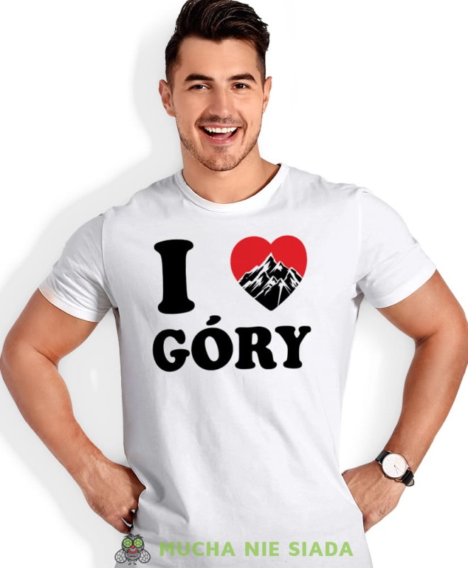 Męska koszulka z nadrukiem - Kocham góry, I love góry - Idealna za wypad w góry, biała koszulka z nadrukiem, wycieczka w góry, górska wyprawa, T-shirt do miłośników turystyki górskiej, mucha nie siada koszulki.jpg