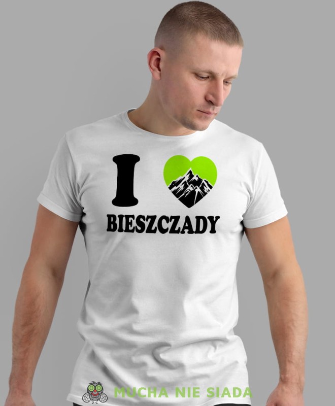 Męska koszulka z nadrukiem - Kocham Bieszczady, I love Bieszczady - Idealna za wypad w góry, biała koszulka z nadrukiem, wycieczka w góry, górska wyprawa, T-shirt do miłośników turystyki górskiej, mucha nie siada koszulki.jpg