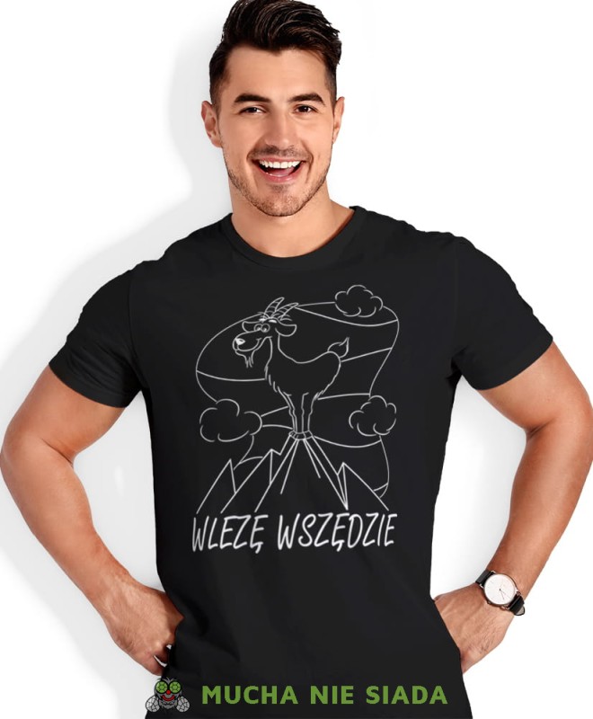 Męska koszulka z nadrukiem - Wlezę wszędzie - Idealna za wypad w góry, czarna koszulka z nadrukiem, wycieczka w góry, górska wyprawa, T-shirt do miłośników turystyki górskiej, mucha nie siada koszulki.jpg