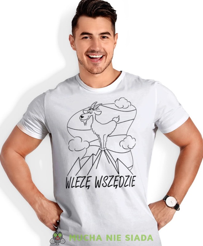 Męska koszulka z nadrukiem - Wlezę wszędzie - Idealna za wypad w góry, biała koszulka z nadrukiem, wycieczka w góry, górska wyprawa, T-shirt do miłośników turystyki górskiej, mucha nie siada koszulki.jpg