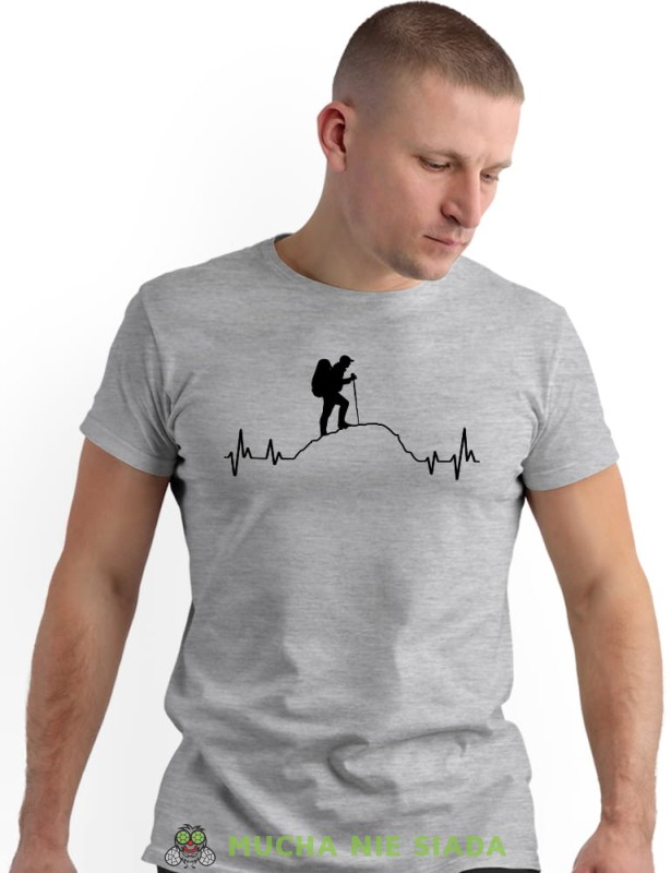 Męska koszulka z nadrukiem - Góry linia życia wędrowiec - Idealna za wypad w góry, szara koszulka z nadrukiem, wycieczka w góry, górska wyprawa, T-shirt do miłośników turystyki górskiej, mucha nie siada koszulki.jpg