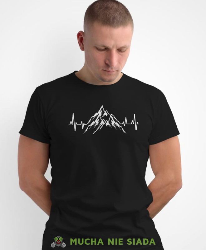 Męska koszulka z nadrukiem - Góry linia życia - Idealna za wypad w góry, czarna koszulka z nadrukiem, wycieczka w góry, górska wyprawa, T-shirt do miłośników turystyki górskiej, mucha nie siada koszulki.jpg