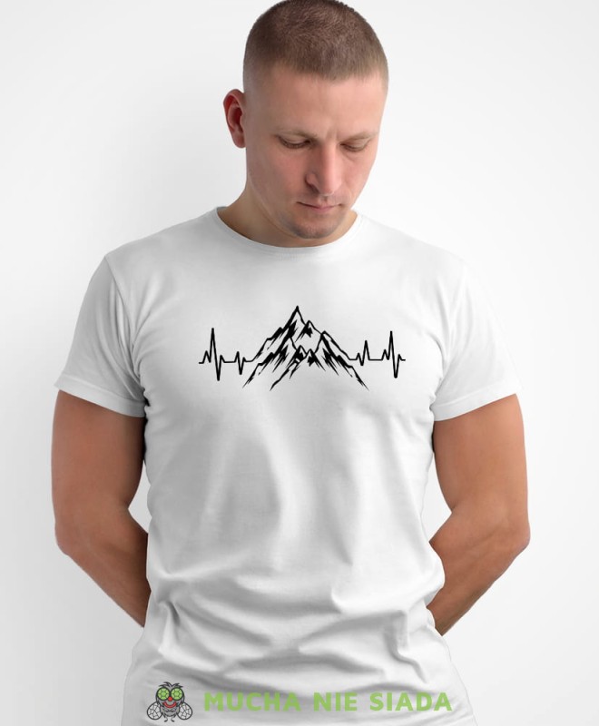 Męska koszulka z nadrukiem - Góry linia życia - Idealna za wypad w góry, biała koszulka z nadrukiem, wycieczka w góry, górska wyprawa, T-shirt do miłośników turystyki górskiej, mucha nie siada koszulki.jpg