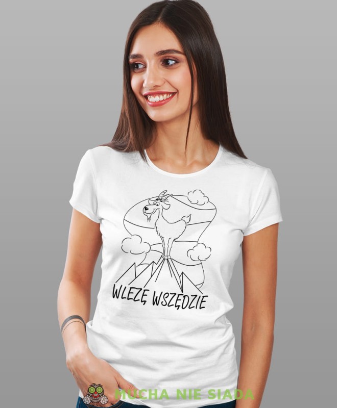 Damska koszulka z nadrukiem - Wlezę wszędzie - Idealna za wypad w góry, biała koszulka z nadrukiem, wycieczka w góry, górska wyprawa, T-shirt dla miłośników turystyki górskiej, mucha nie siada koszulki.jpg