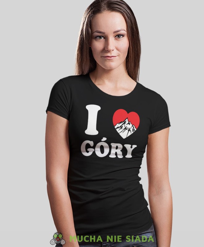 Damska koszulka z nadrukiem - Kocham góry, I love góry - Idealna na wypad w góry, czarna koszulka z nadrukiem, wycieczka w góry, górska wyprawa, T-shirt dla miłośników turystyki górskiej, mucha nie siada koszulki.jpg