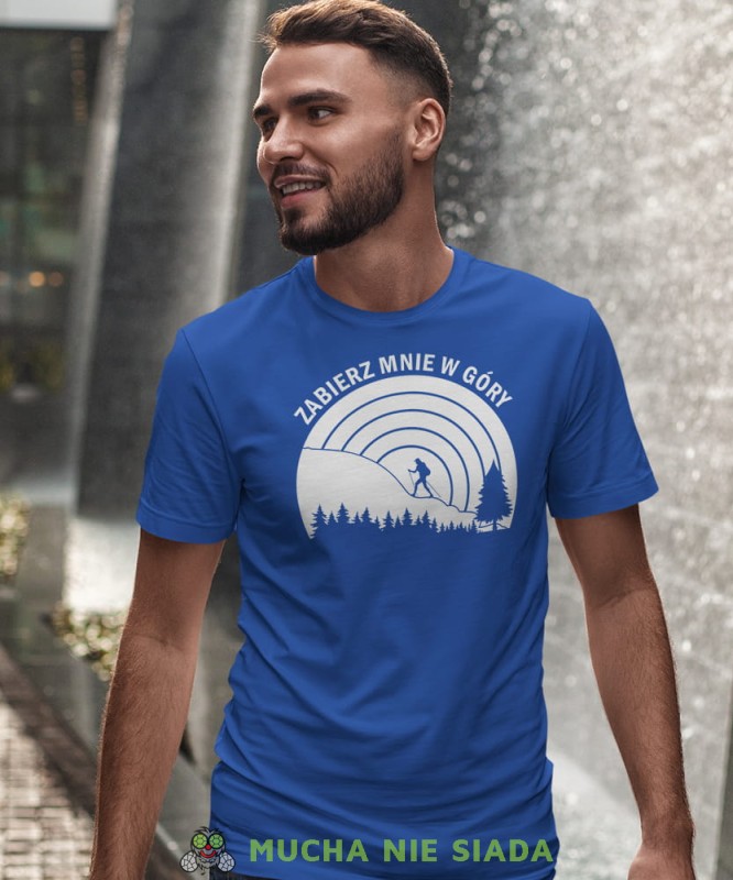 Męska koszulka z nadrukiem - Zabierz mnię w góry - Idealna za wypad w góry, niebieska koszulka z nadrukiem, wycieczka w góry, górska wyprawa, T-shirt do miłośników turystyki górskiej, mucha nie siada koszulki.jpg