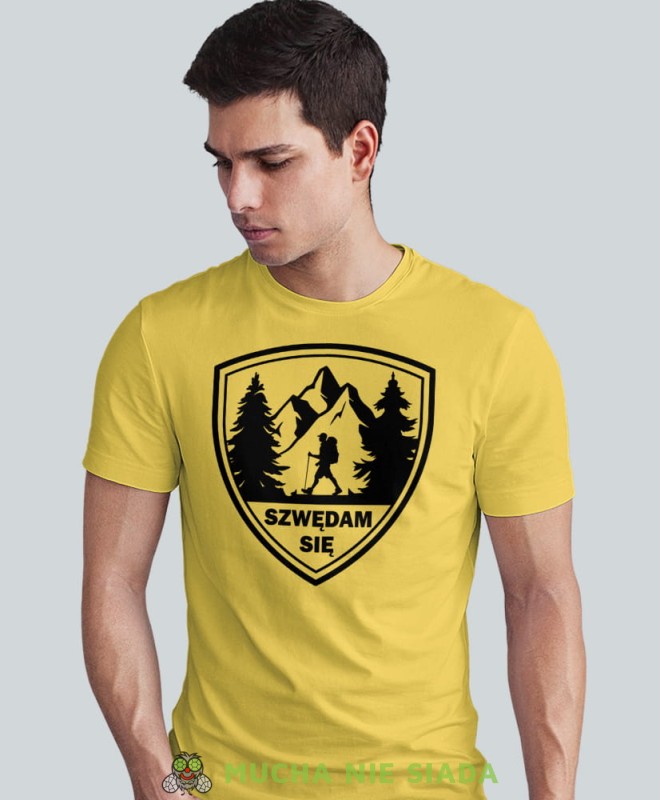 Męska koszulka z nadrukiem - Szwędam się - Idealna za wypad w góry, żółta koszulka z nadrukiem, wycieczka w góry, górska wyprawa, T-shirt do miłośników turystyki górskiej, mucha nie siada koszulki.jpg