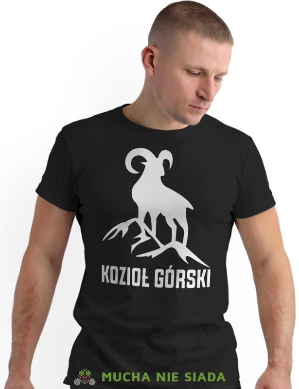 Męska koszulka z nadrukiem - Kozioł górski  - Idealna za wypad w góry, czarna koszulka z nadrukiem, wycieczka w góry, górska wyprawa, T-shirt do miłośników turystyki górskiej, mucha nie siada koszulki.jpg