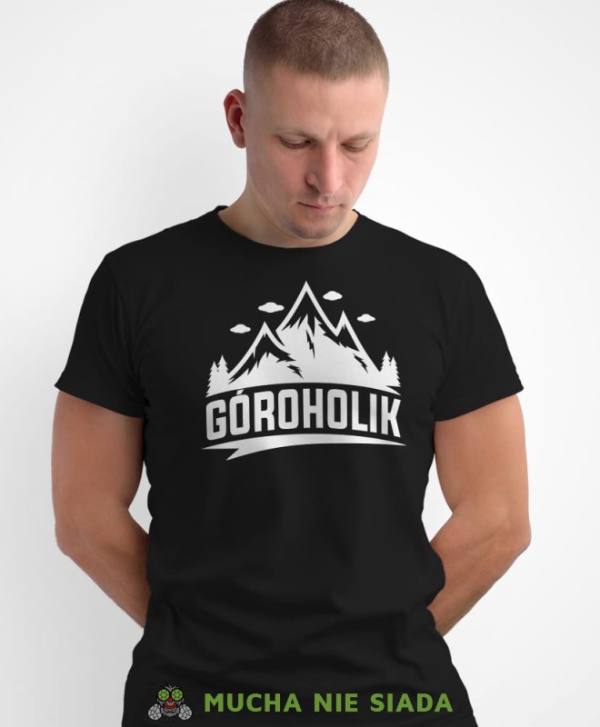 Męska koszulka z nadrukiem - Góroholik - Idealna na wypad w góry, czarna koszulka z nadrukiem, wycieczka w góry, górska wyprawa, T-shirt dla miłośników turystyki górskiej, mucha nie siada koszulki.jpg