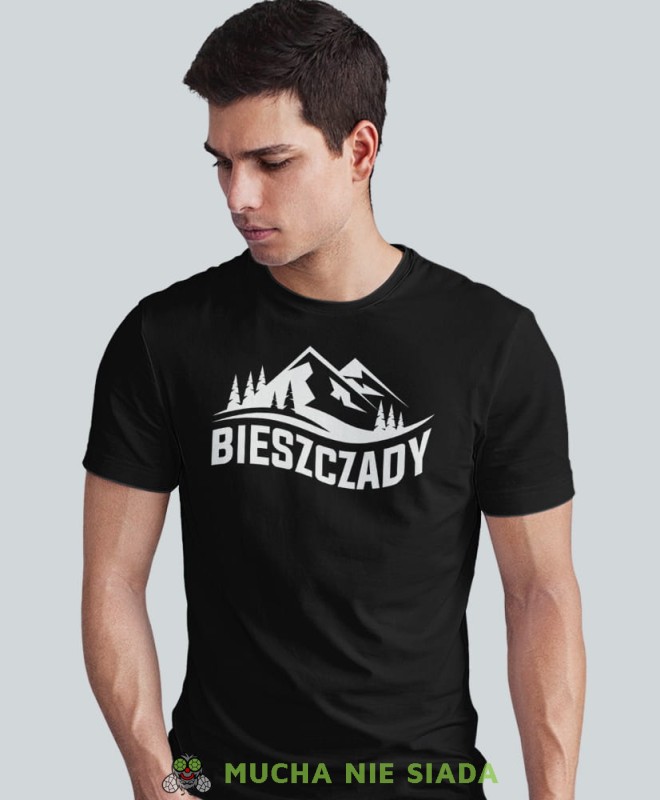 Męska koszulka z nadrukiem - Bieszczady - Idealna na wypad w góry, czarna koszulka z nadrukiem, wycieczka w góry, górska wyprawa, T-shirt dla miłośników turystyki górskiej, mucha nie siada koszulki.jpg