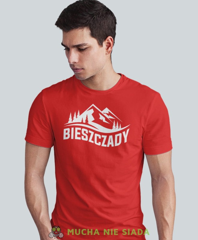 Męska koszulka z nadrukiem - Bieszczady - Idealna na wypad w góry, czerwona koszulka z nadrukiem, wycieczka w góry, górska wyprawa, T-shirt dla miłośników turystyki górskiej, mucha nie siada koszulki.jpg