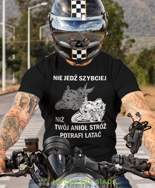 Nie jedź szybciej niż Twój anioł stróż potrafi latać Motocykl, czarna męska koszulka, koszulka dla motocyklisty, koszulki na motocykl, koszulka na motocykl, męska koszulka na motocykl na prezent dla miłośnika motocykli.jpg