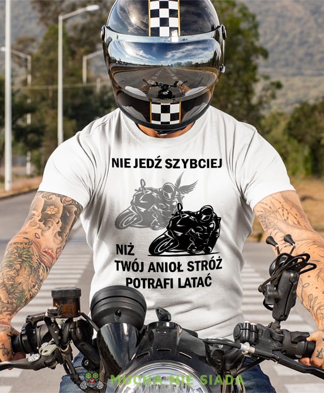 Nie jedź szybciej niż Twój anioł stróż potrafi latać Motocykl, biała męska koszulka, koszulka dla motocyklisty, koszulki na motocykl, koszulka na motocykl, męska koszulka na motocykl na prezent dla miłośnika motocykli.jpg