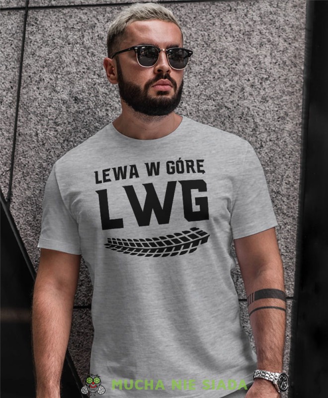 Lewa w górę LWG ślad opony, szara męska koszulka, koszulka dla motocyklisty, koszulki na motocykl, koszulka na motocykl, męska koszulka na motocykl na prezent dla miłośnika motocykli.jpg