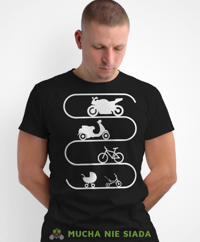 Ewolucja motocyklisty, czarna męska koszulka, koszulka dla motocyklisty, koszulki na motocykl, męska koszulka na motocykl na prezent dla miłośnika motocykli.jpg