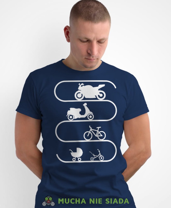 Ewolucja motocyklisty, granatowa męska koszulka, koszulka dla motocyklisty, koszulki na motocykl, męska koszulka na motocykl na prezent dla miłośnika motocykli.jpg