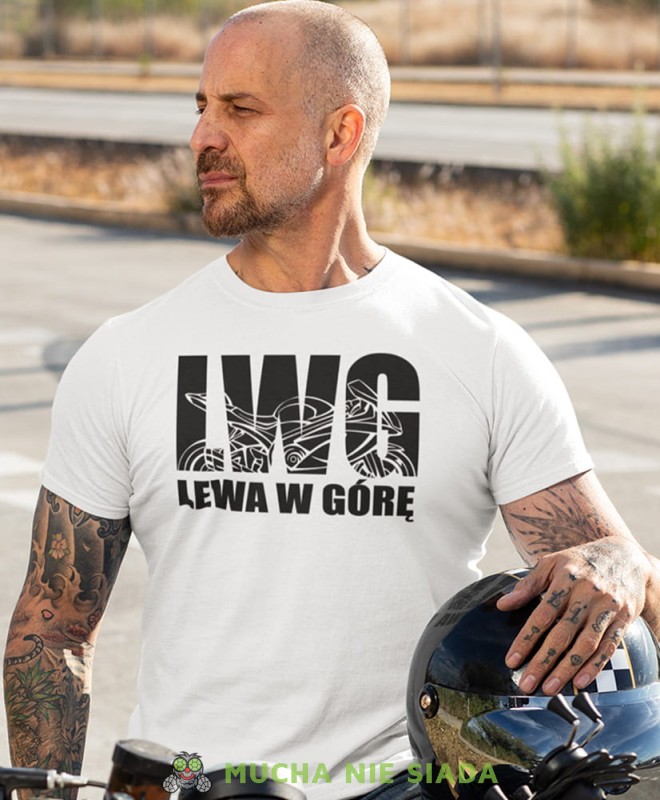 LWG Lewa w górę Motocykl, męska koszulka, koszulka dla motocyklisty, koszulki na motocykl, koszulka na motocykl, męska koszulka na motocykl na prezent dla miłośnika motocykli.jpg