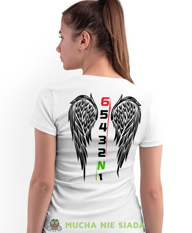 Jeden w dół pięć w górę Skrzydla anioła, biała damska koszulka, koszulka motocyklowa, koszulka dla motocyklistki, damska koszulka na motocykl, koszulka dla miłośniczki motocykli, motocykl, mucha nie siada sklep.jpg