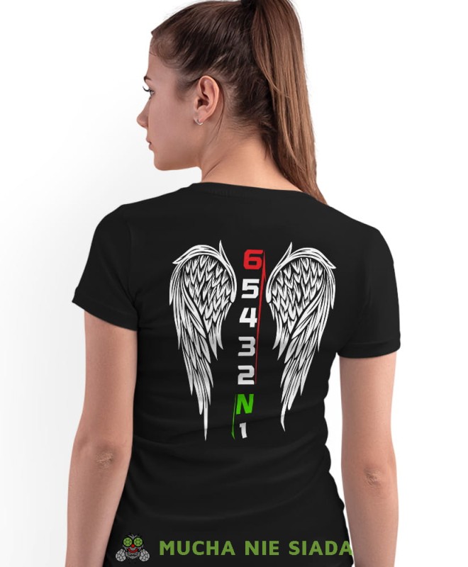 Jeden w dół pięć w górę Skrzydla anioła, czarna damska koszulka, koszulka motocyklowa, koszulka dla motocyklistki, damska koszulka na motocykl, koszulka dla miłośniczki motocykli, motocykl, mucha nie siada sklep.jpg