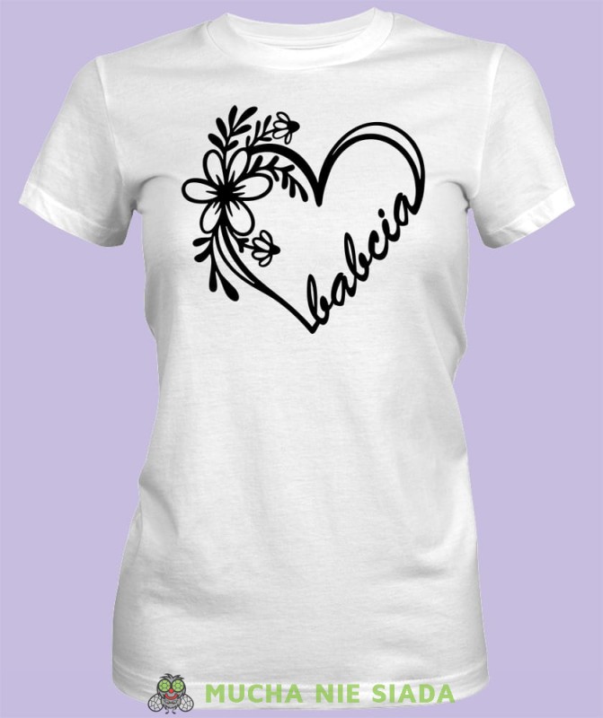Babcia Kwiatowe serce, biała koszulka damska dla babci, na urodziny, na dzień babci, na prezent dla babci, koszulka dla babci, mucha nie siada sklep, mns.jpg
