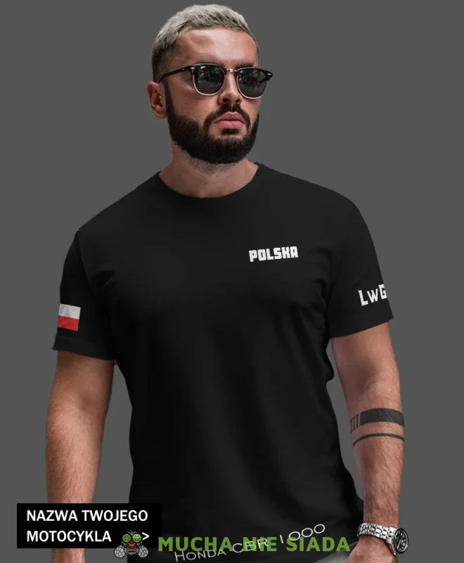 Polska flaga LwG nazwa motocykla, czarna męska koszulka, koszulka dla motocyklisty, koszulki na motocykl, koszulka na motocykl, męska koszulka na motocykl na prezent dla miłośnika motocykli opis.webp